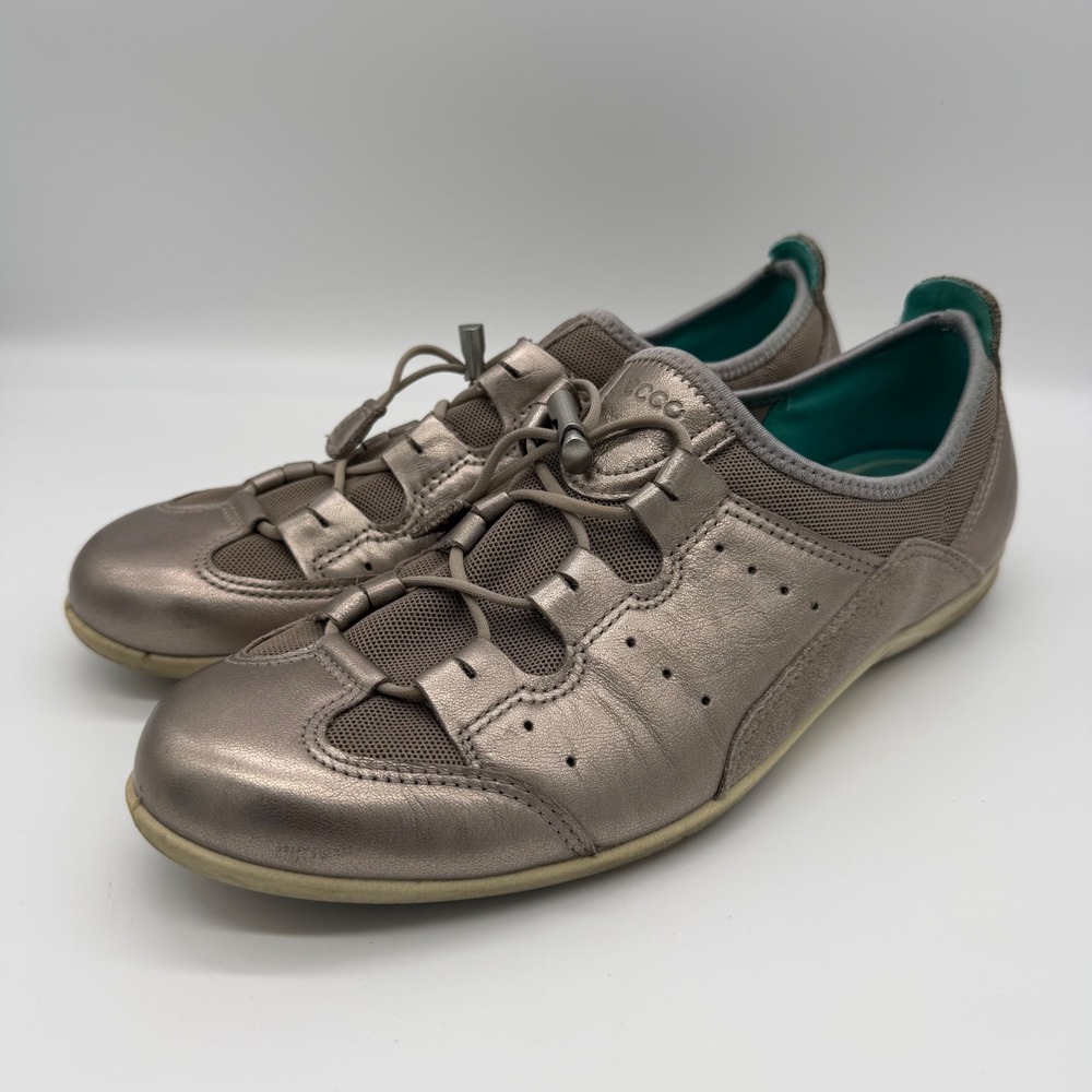 ECCO Biom Lite Metallic Pewter Leather Bungee Slip On‎ Sneakers 40